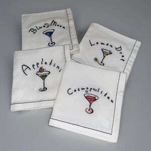Pottery Barn Embroidered Martini‎ Cocktail Napkins Cotton Cloth 4 Pc Set